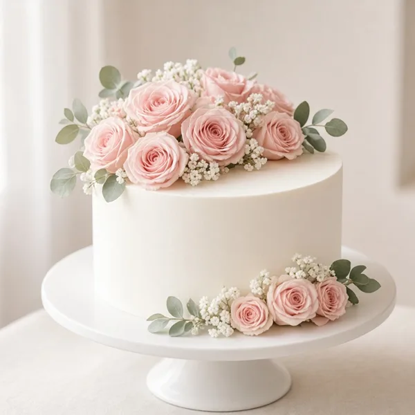 Blush pink cake topper & flowers styled for a wedding table
