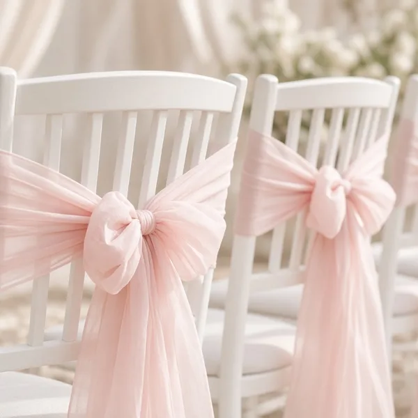 Blush pink chair sashes styled for a wedding table