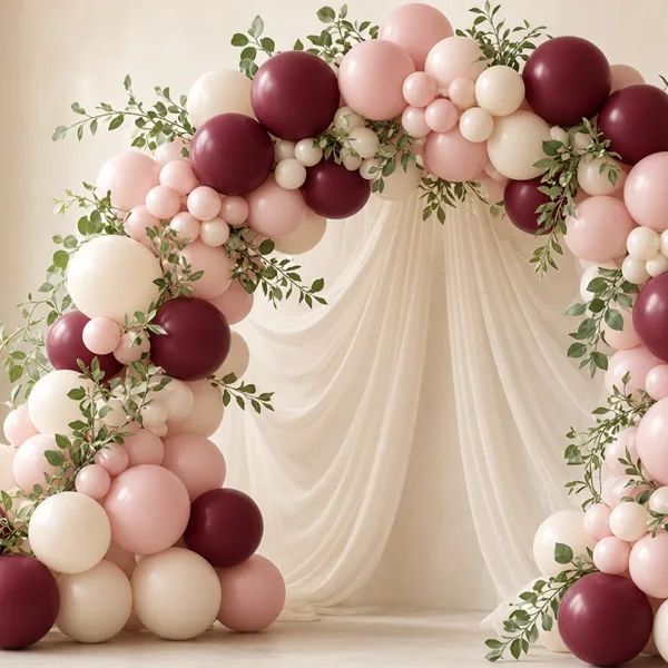 Burgundy balloon garland kit styled for a wedding table