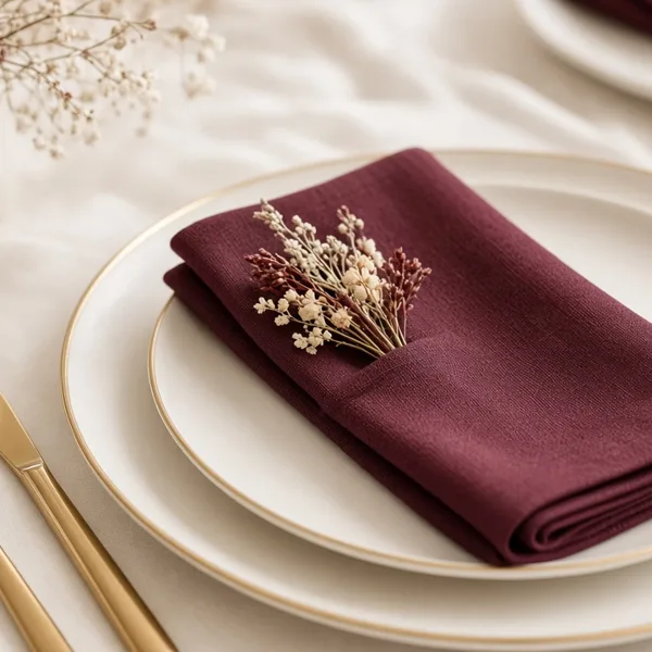 Burgundy cloth napkins styled for a wedding table