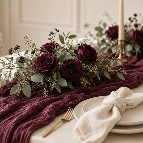 Burgundy cheesecloth table runner styled for a wedding table
