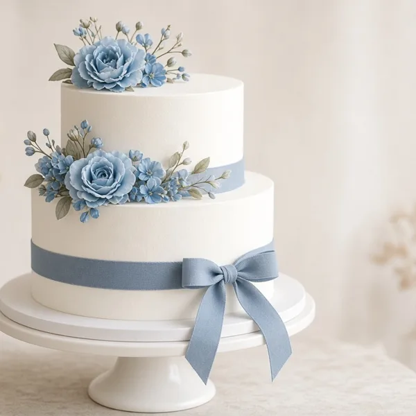 Dusty blue cake topper & flowers styled for a wedding table
