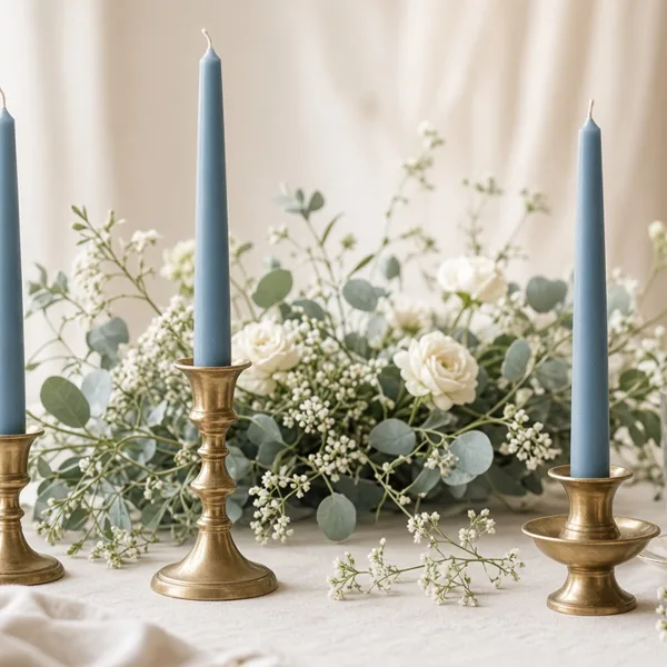 Dusty blue taper candles styled for a wedding table