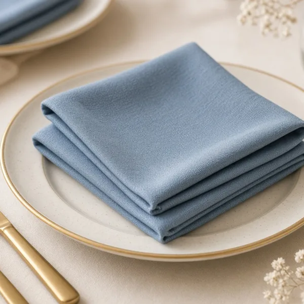 Dusty blue cloth napkins styled for a wedding table