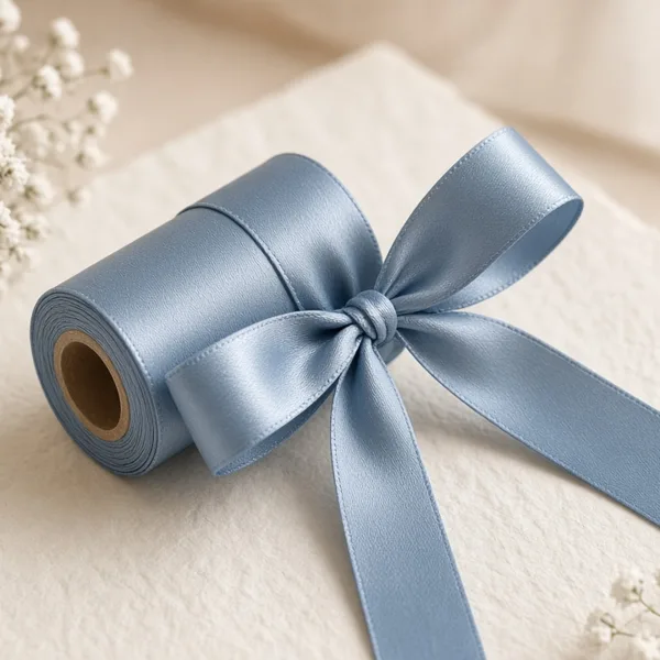 Dusty blue chiffon & satin ribbon styled for a wedding table