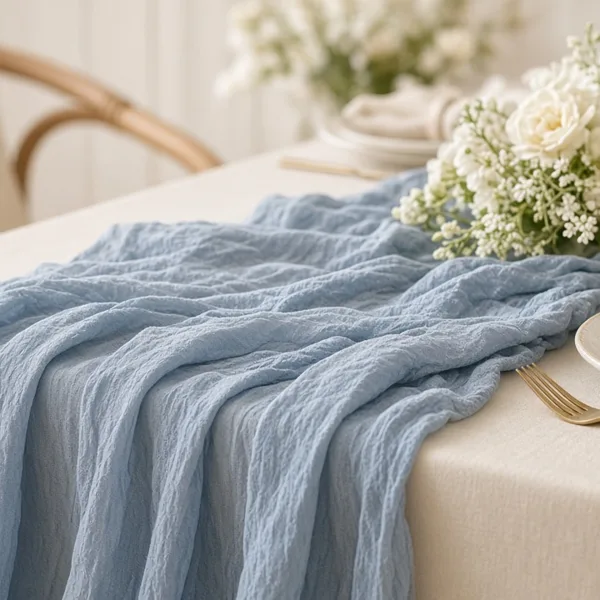 Dusty blue cheesecloth table runner styled for a wedding table