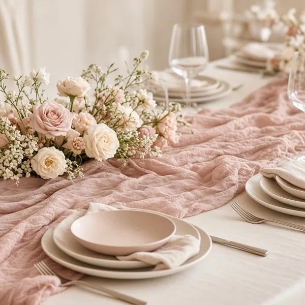 Dusty rose cheesecloth table runner styled for a wedding table