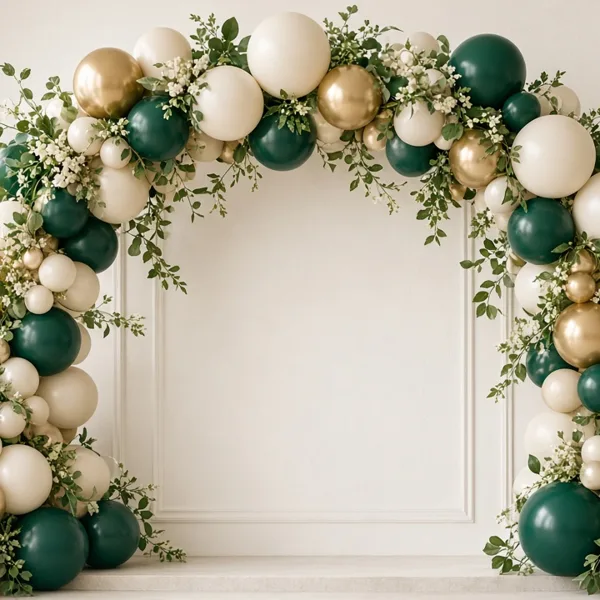 Emerald green balloon garland kit styled for a wedding table