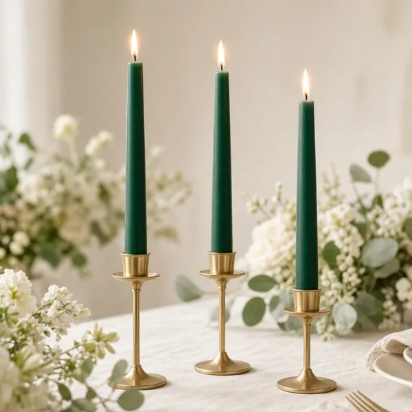 Emerald green taper candles styled for a wedding table