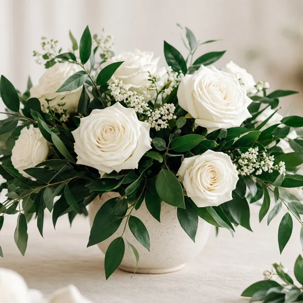 Emerald green artificial flowers styled for a wedding table
