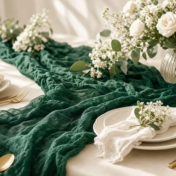 Emerald green cheesecloth table runner styled for a wedding table