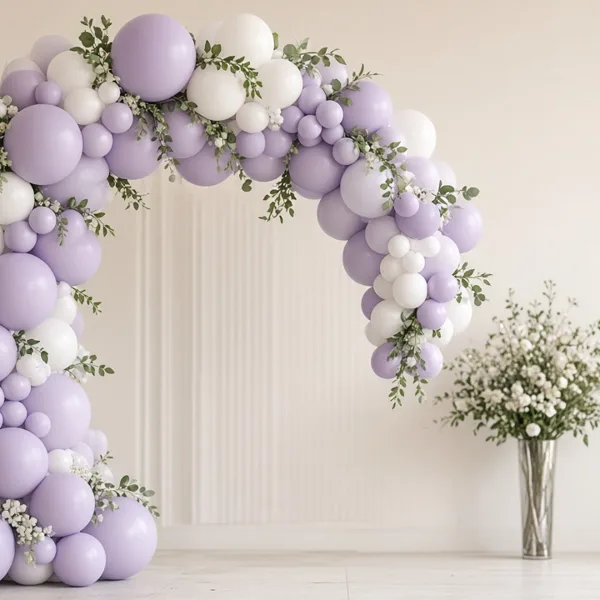 Lavender balloon garland kit styled for a wedding table