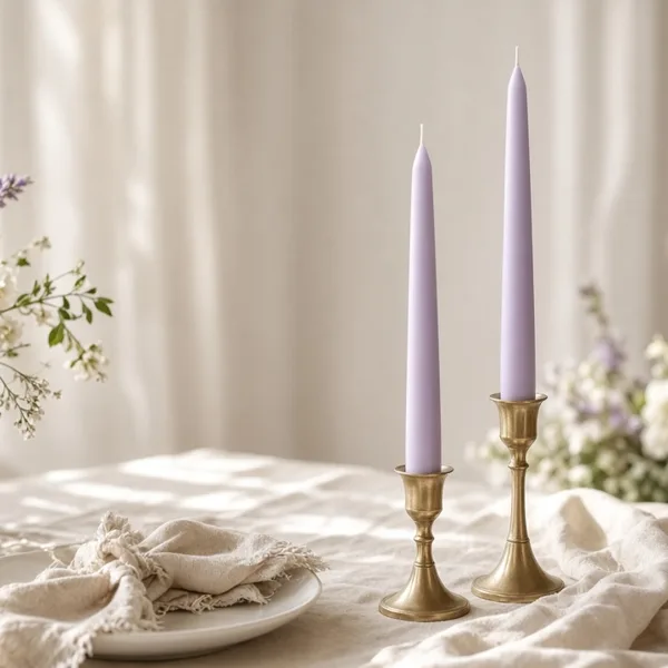 Lavender taper candles styled for a wedding table