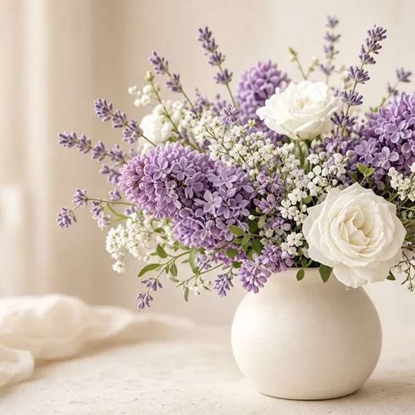 Lavender artificial flowers styled for a wedding table