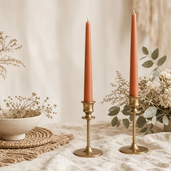 Terracotta taper candles styled for a wedding table