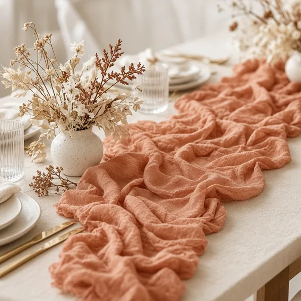 Terracotta cheesecloth table runner styled for a wedding table